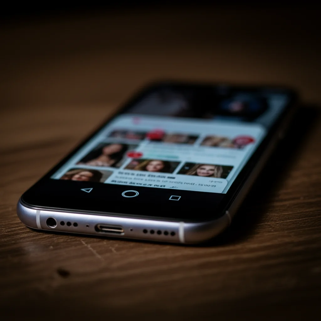 Primo piano macro di uno smartphone appoggiato su un tavolo di legno scuro, lo schermo mostra un feed di social media colorato ma sfocato con volti sorridenti stilizzati e icone di 'like', luce controllata e drammatica che illumina solo il telefono, obiettivo macro 90mm, alta definizione per i dettagli del telefono contrastanti con lo sfondo scuro.