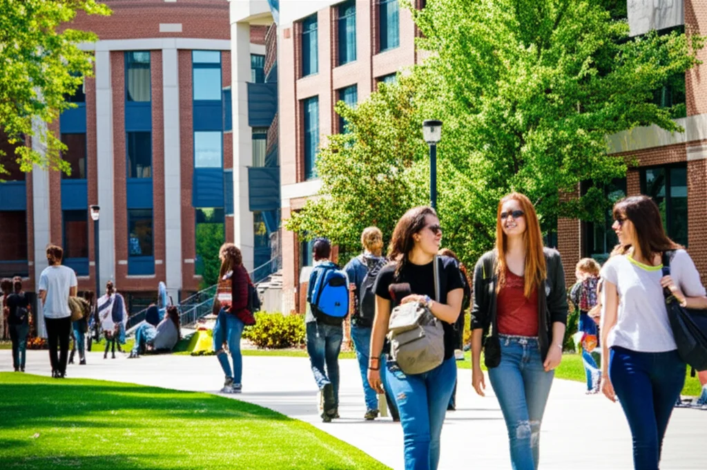 Scatto grandangolare di un vibrante campus universitario con studenti che socializzavano e rilassati all'aperto in una giornata di sole, obiettivo da 10-24 mm, focus acuto.