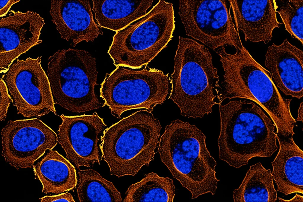 Primo piano fotorealistico di un'immagine di patologia digitale su uno schermo ad alta risoluzione, con cellule colorate diversamente per classificazione (es. rosso per epiteliali, blu per stromali, nero per infiammatorie), obiettivo macro 100mm, illuminazione controllata e uniforme, alta definizione dei dettagli nucleari.