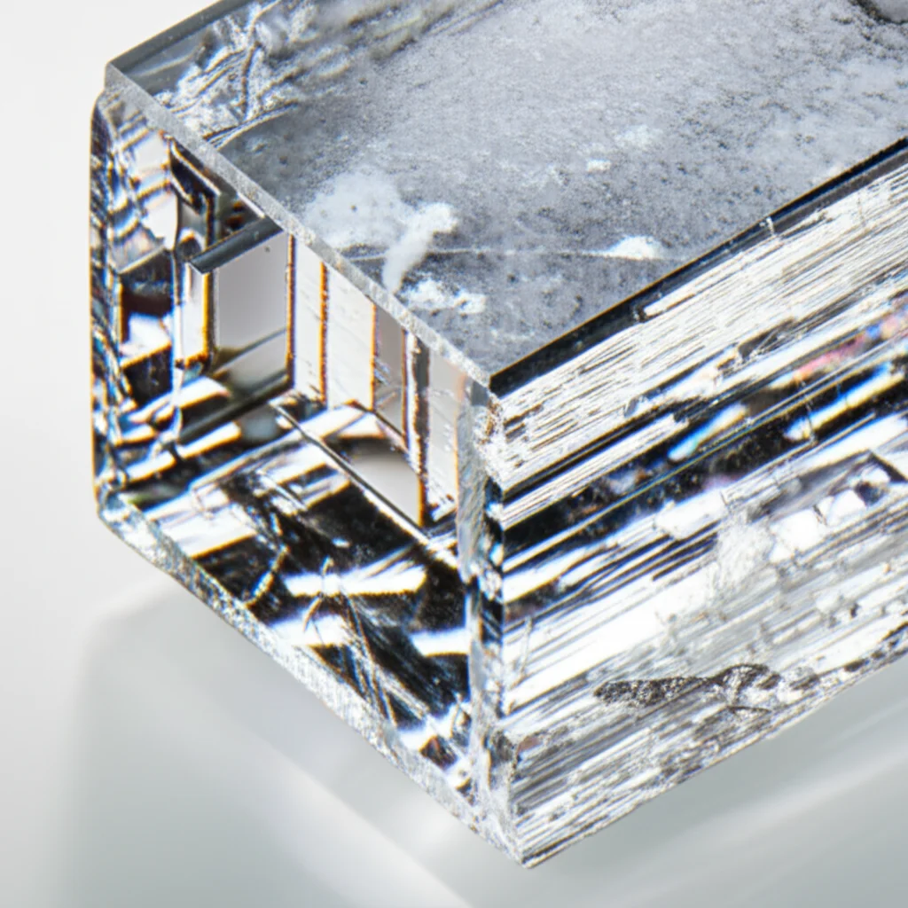 Primo piano macro di un cristallo scintillatore LYSO, 60mm macro lens, illuminazione controllata per evidenziare la struttura cristallina e la superficie, alta definizione.