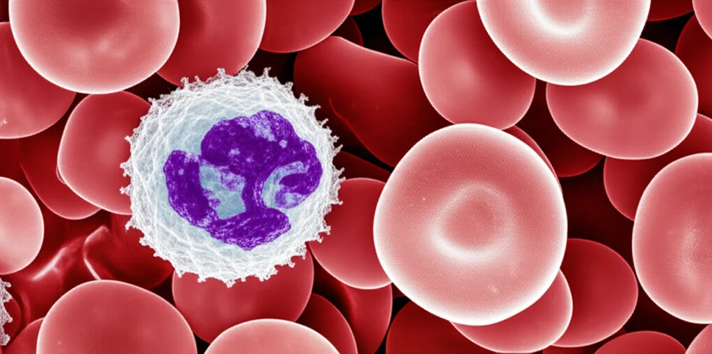 Primo piano macro di globuli bianchi, specificamente neutrofili (con nucleo segmentato), che fluttuano tra globuli rossi in un campione di sangue. Illuminazione controllata per evidenziare i dettagli cellulari, obiettivo macro 100mm, alta definizione, focus preciso sui neutrofili.