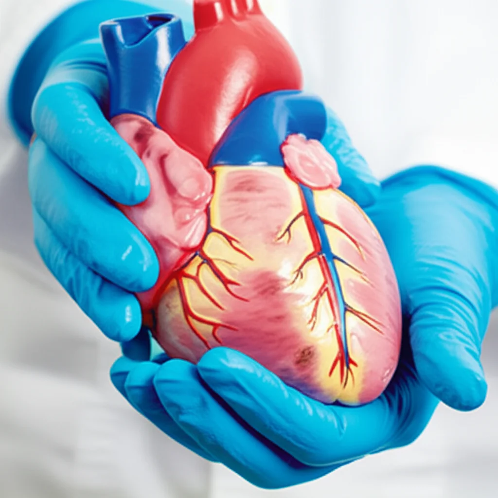 Fotografia di un cuore umano anatomico realistico tenuto tra due mani guantate da medico in un ambiente di laboratorio. Il cuore mostra segni sottili di malattia vascolare. Obiettivo prime 50mm, profondità di campo ridotta per focalizzare sul cuore, illuminazione clinica.