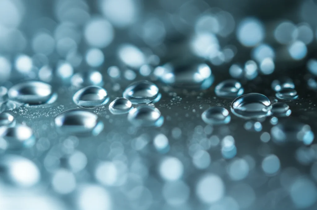 Primo piano macro di goccioline di condensa su una superficie di vetro trasparente, che simboleggiano il respiro esalato, illuminazione controllata, obiettivo macro 90mm, alta definizione, sfondo sfocato scientifico.