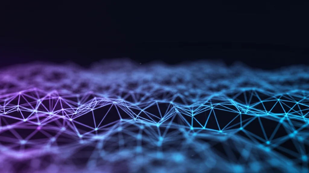 Visualizzazione astratta di dati scientifici con linee luminose interconnesse su sfondo scuro, che rappresentano reti neurali o analisi di machine learning, colori blu e viola duotone, profondità di campo.