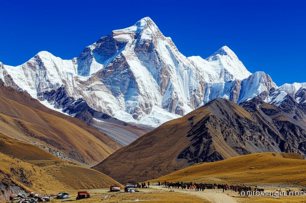 Lente angolo largo, 15 mm, focus acuto, fotografia paesaggistica che cattura un paesaggio di montagna drammatico e ad alta quota (ad esempio, Ande o Himalaya) con piccoli insediamenti umani visibili, sottolineando le pressioni ambientali uniche (sottile aria, terreno robusto) affrontato dalle popolazioni ad alta quota.