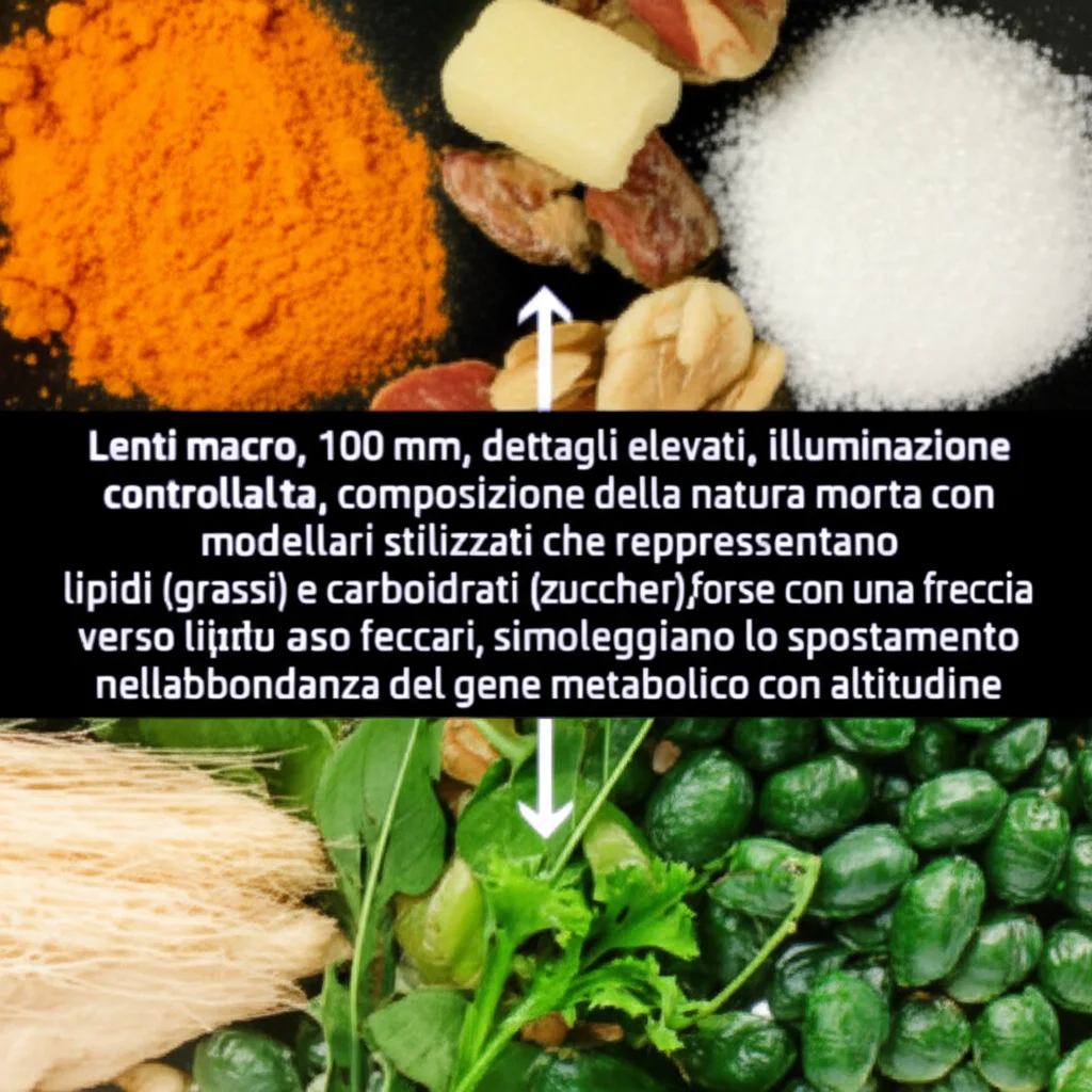 Lenti macro, 100 mm, dettagli elevati, illuminazione controllata, composizione della natura morta con modelli molecolari stilizzati che rappresentano lipidi (grassi) e carboidrati (zuccheri), forse con una freccia verso l'alto vicino ai lipidi e una freccia verso il basso vicino ai carboidrati, simboleggiando lo spostamento nell'abbondanza del gene metabolico con altitudine.