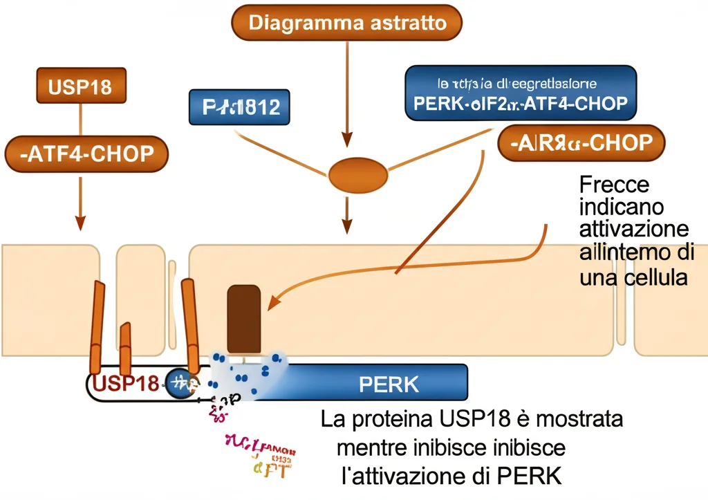 Diagramma astratto che illustra la via di segnalazione PERK-eIF2α-ATF4-CHOP all'interno di una cellula. Frecce indicano attivazione e linee a T inibizione. La proteina USP18 è mostrata mentre inibisce l'attivazione di PERK. Stile infografica scientifica, colori contrastanti (es. blu e arancione duotone), profondità di campo per focalizzare sul nodo USP18-PERK, obiettivo 35mm.