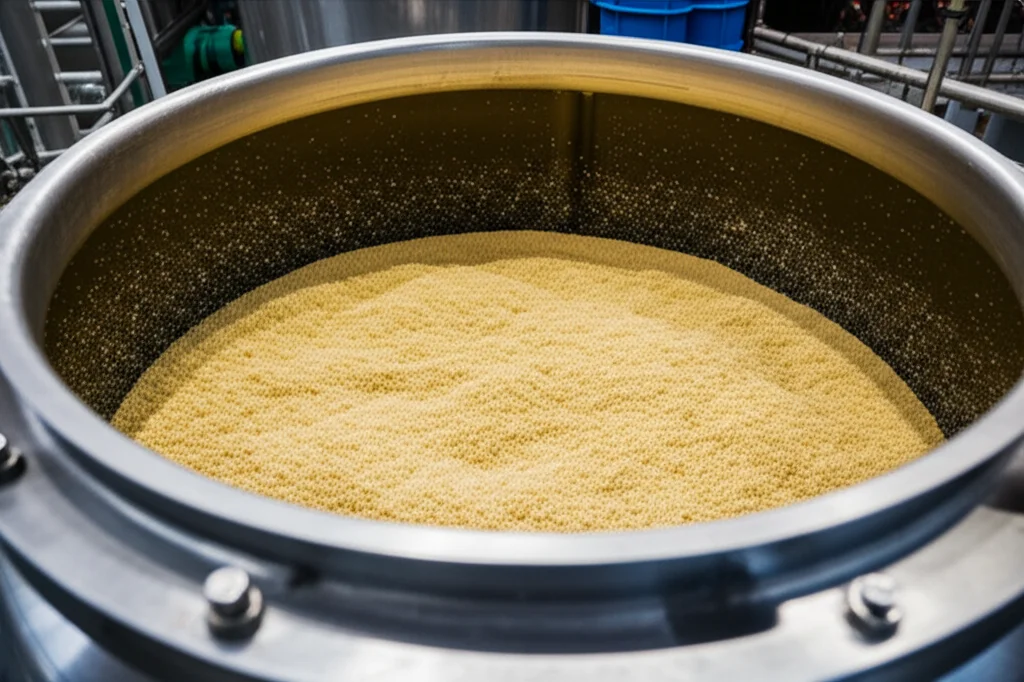 Fotografia macro, 85mm, di canna da zucchero tritata finemente all'interno di un reattore di fermentazione in acciaio inox, illuminazione controllata ad alto dettaglio, che contrasta con un'immagine sfuocata sullo sfondo di un impianto industriale complesso per l'estrazione del succo.