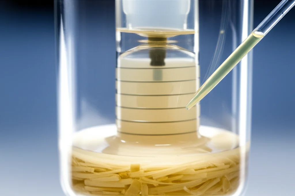 Fotografia still life, obiettivo macro 100mm, di un piccolo reattore rotante da laboratorio in vetro o acciaio, contenente pezzi di canna da zucchero umida; accanto, una pipetta aggiunge una crema di lievito. Illuminazione da laboratorio precisa, alto dettaglio sulla biomassa.