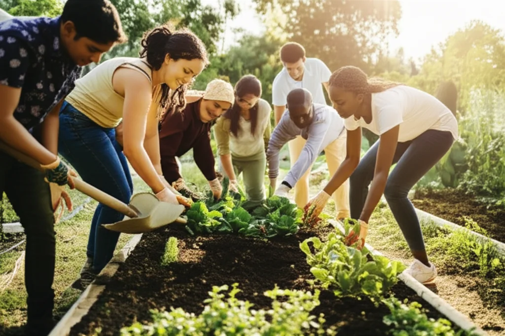 Fotografia grandangolare di un gruppo diversificato di persone (simboleggianti richiedenti asilo e comunità locale) che lavorano insieme in un orto comunitario, luce solare calda, obiettivo grandangolare 24mm, messa a fuoco nitida su tutto il gruppo per mostrare collaborazione.