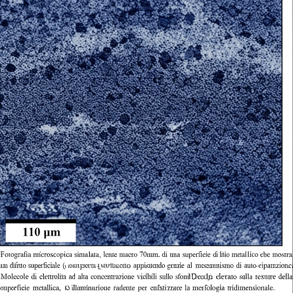 Fotografia microscopica simulata, lente macro 70mm, di una superficie di litio metallico che mostra un difetto superficiale (una piccola protuberanza) che si sta appiattendo grazie al meccanismo di auto-riparazione. Molecole di elettrolita ad alta concentrazione visibili sullo sfondo. Dettaglio elevato sulla texture della superficie metallica, illuminazione radente per enfatizzare la morfologia tridimensionale.