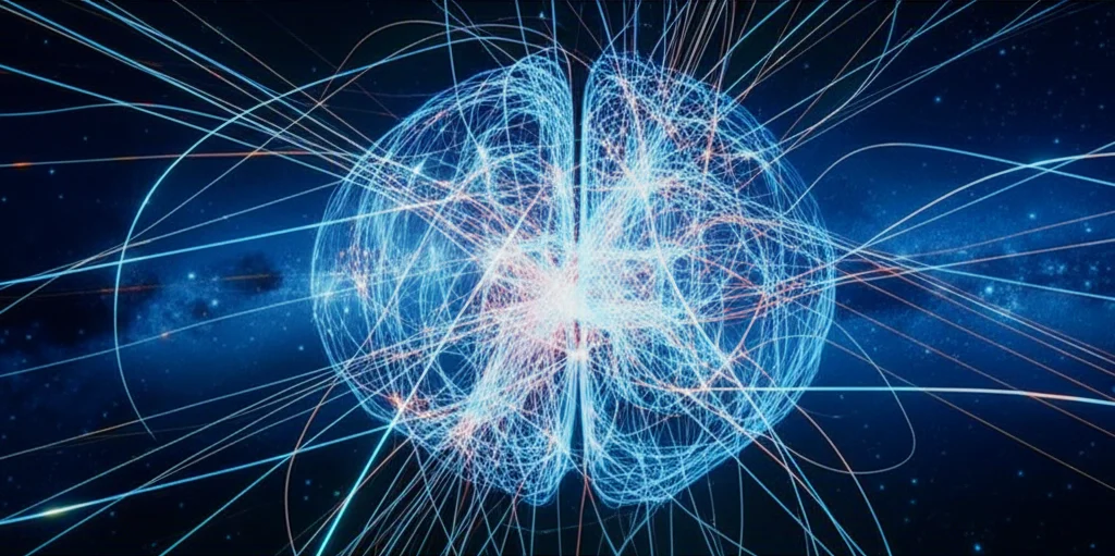 Visualizzazione astratta di reti neurali luminose e interconnesse su uno sfondo blu scuro profondo. Stile fotografia astronomica con lunga esposizione simulata per creare scie luminose. Obiettivo grandangolare 15mm per dare un senso di vastità e complessità del cervello, focus nitido sulle connessioni centrali che rappresentano l'interazione tra emozione e cognizione.