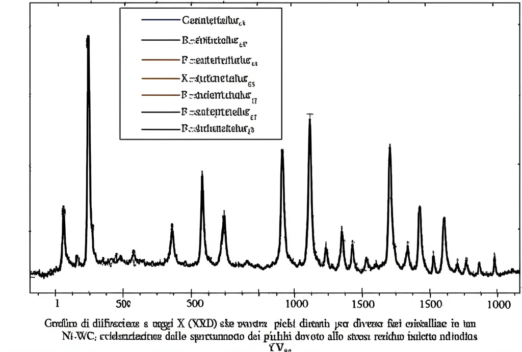 Grafico di diffrazione a raggi X (XRD) che mostra picchi distinti per diverse fasi cristalline in un rivestimento Ni-WC; evidenziazione dello spostamento dei picchi dovuto allo stress residuo indotto dalla rullatura.