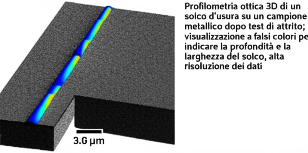 Profilometria ottica 3D di un solco d'usura su un campione metallico dopo test di attrito; visualizzazione a falsi colori per indicare la profondità e la larghezza del solco, alta risoluzione dei dati.