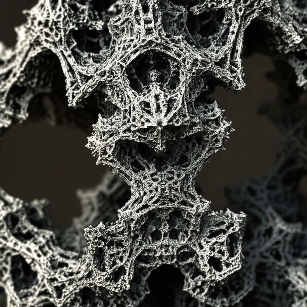 Fotografia macro di un modello 3D di un edificio frattale complesso (tipo Minkowski Sausage) illuminato lateralmente in un ambiente di laboratorio scuro, obiettivo macro 90mm, alta definizione per mostrare i dettagli fini della superficie, messa a fuoco precisa sui bordi frattali, illuminazione controllata.