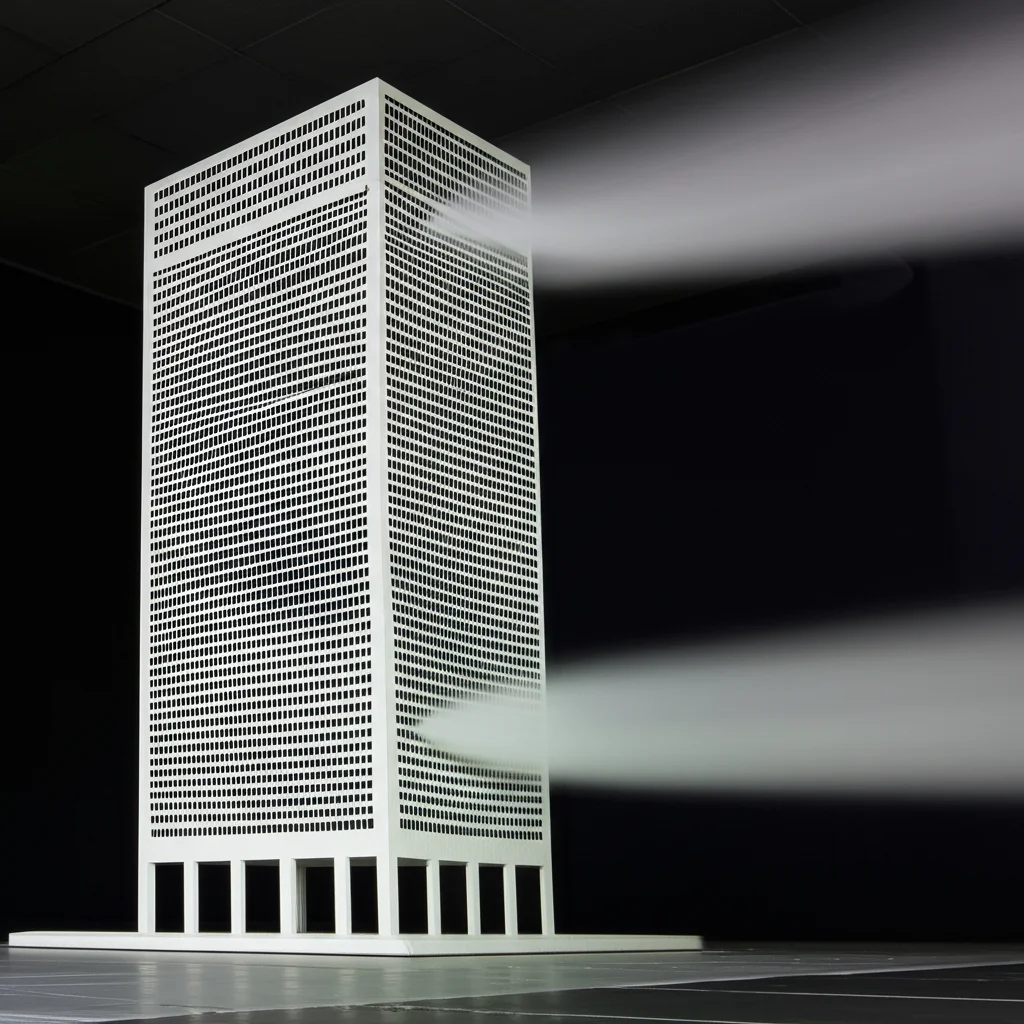 Visualizzazione del flusso d'aria turbolento in una galleria del vento attorno a un modello di edificio alto e complesso, catturata con teleobiettivo zoom 150mm, velocità dell'otturatore elevata per congelare il movimento delle particelle traccianti (fumo stilizzato), tracciamento del movimento per evidenziare la scia e i vortici, illuminazione drammatica.
