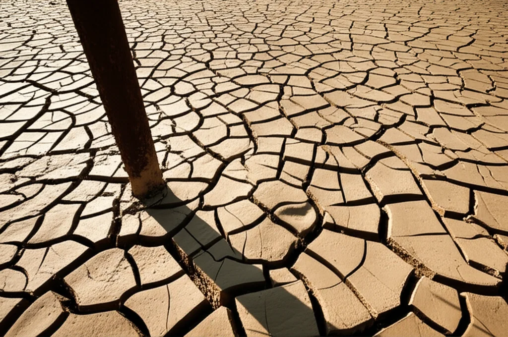 Primo piano di un terreno agricolo arido e profondamente screpolato nella provincia di Henan, Cina. Un vecchio tubo di un pozzo arrugginito emerge dal terreno. Obiettivo macro 90mm, alta definizione dei dettagli delle crepe, luce solare diretta del tardo pomeriggio che crea ombre nette.