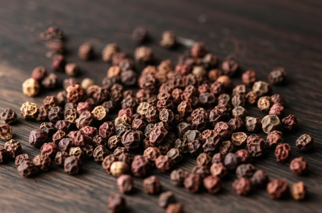 Fotografia macro di frutti secchi di Piper longum (Pepe Lungo) sparsi su una superficie di legno scuro, obiettivo macro 100mm, alta definizione, luce laterale controllata per enfatizzare la texture rugosa e i dettagli della spezia.