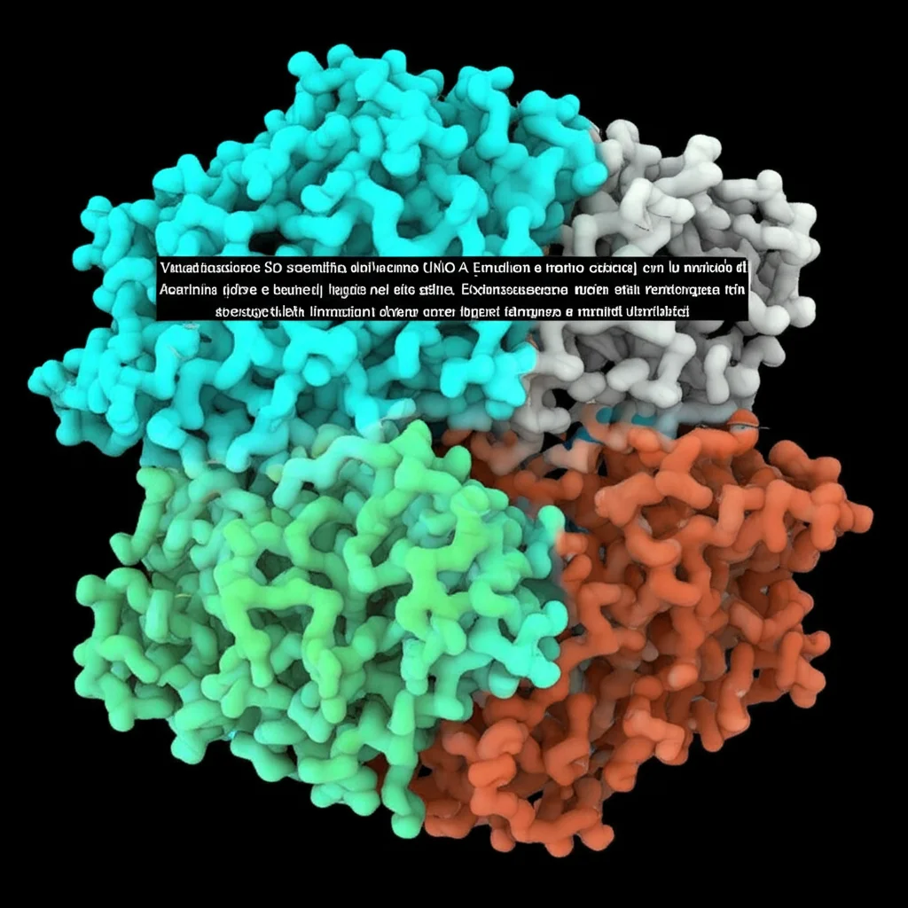 Visualizzazione 3D scientifica dell'enzima MAO-A (struttura a nastro colorata) con la molecola di Asarinina (sfere e bastoni) legata nel sito attivo. Evidenziazione con linee tratteggiate delle interazioni chiave come legami idrogeno e contatti idrofobici. Rendering ad alta risoluzione.