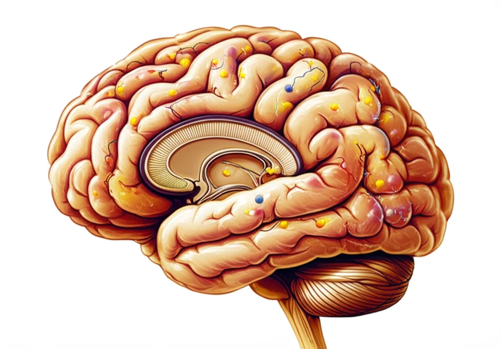 Illustrazione concettuale fotorealistica del cervello umano con aree illuminate che rappresentano l'attività neurale. Sinapsi ingrandite mostrano il rilascio e la ricaptazione di neurotrasmettitori (sfere colorate). Profondità di campo, colori caldi (arancio, giallo) per simboleggiare l'umore positivo e l'effetto potenziale del trattamento.
