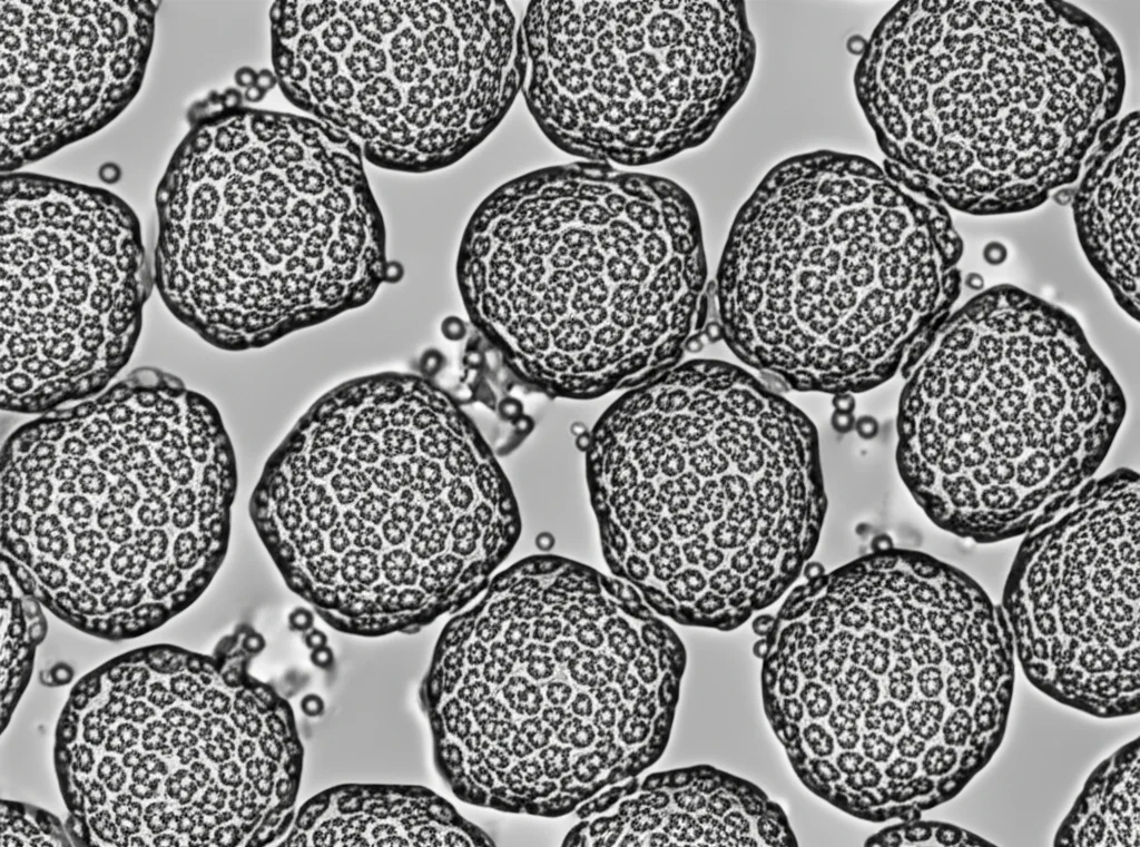 Macro fotografia, obiettivo 80mm, immagine molto dettagliata di nanoparticelle multiferroiche (CBCFO) con struttura core-shell, alcune rivestite da uno strato traslucido di chitosano, sospese in un liquido trasparente, illuminazione controllata che evidenzia la loro texture e gli strati.