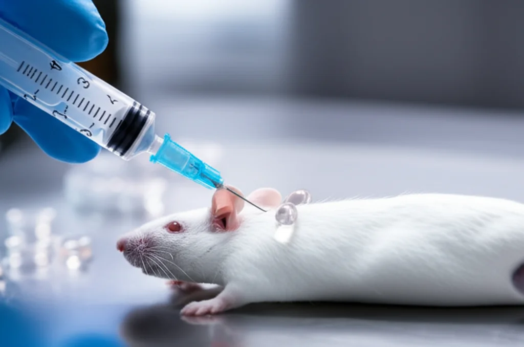 Immagine fotorealistica, obiettivo prime 35mm, profondità di campo, che mostra microcapsule contenenti cellule ingegnerizzate mentre vengono impiantate per via sottocutanea in un topo modello in un ambiente di laboratorio sterile. Focus sulla siringa e sulle microcapsule.