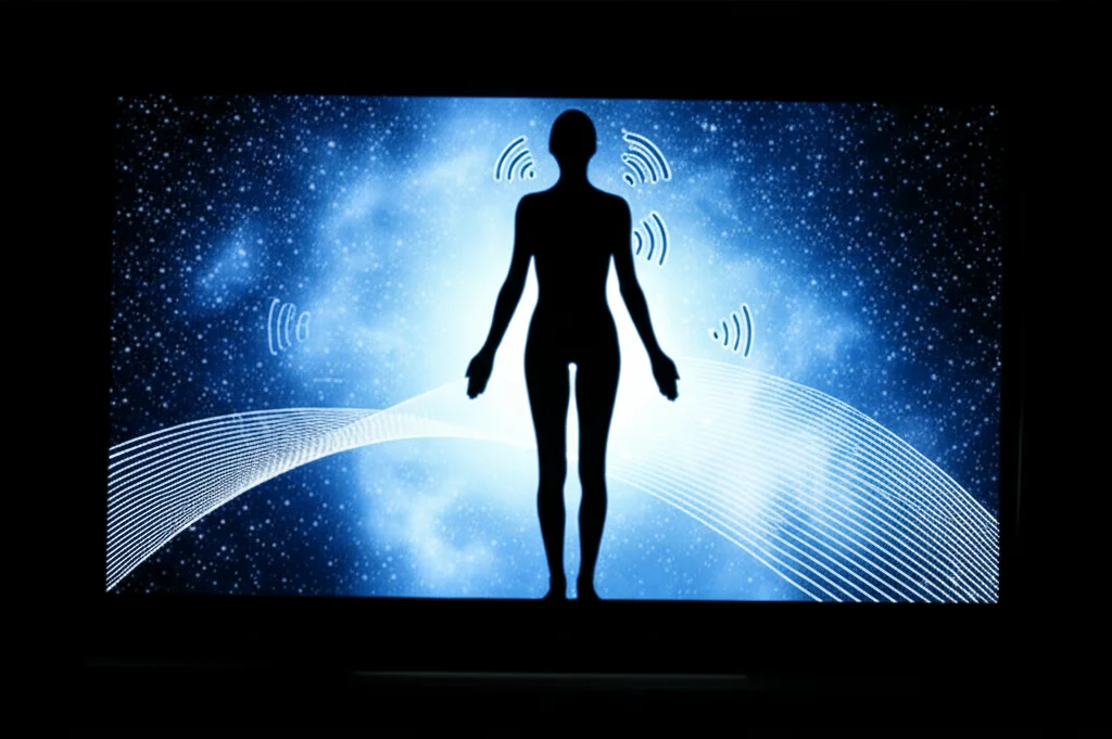 Paesaggio grandangolare, obiettivo 15mm, messa a fuoco nitida, che raffigura un concetto futuristico di monitoraggio e terapia sanitaria wireless, mostrando forse sottili onde energetiche che interagiscono con una silhouette umana, simboleggiando il controllo non invasivo.