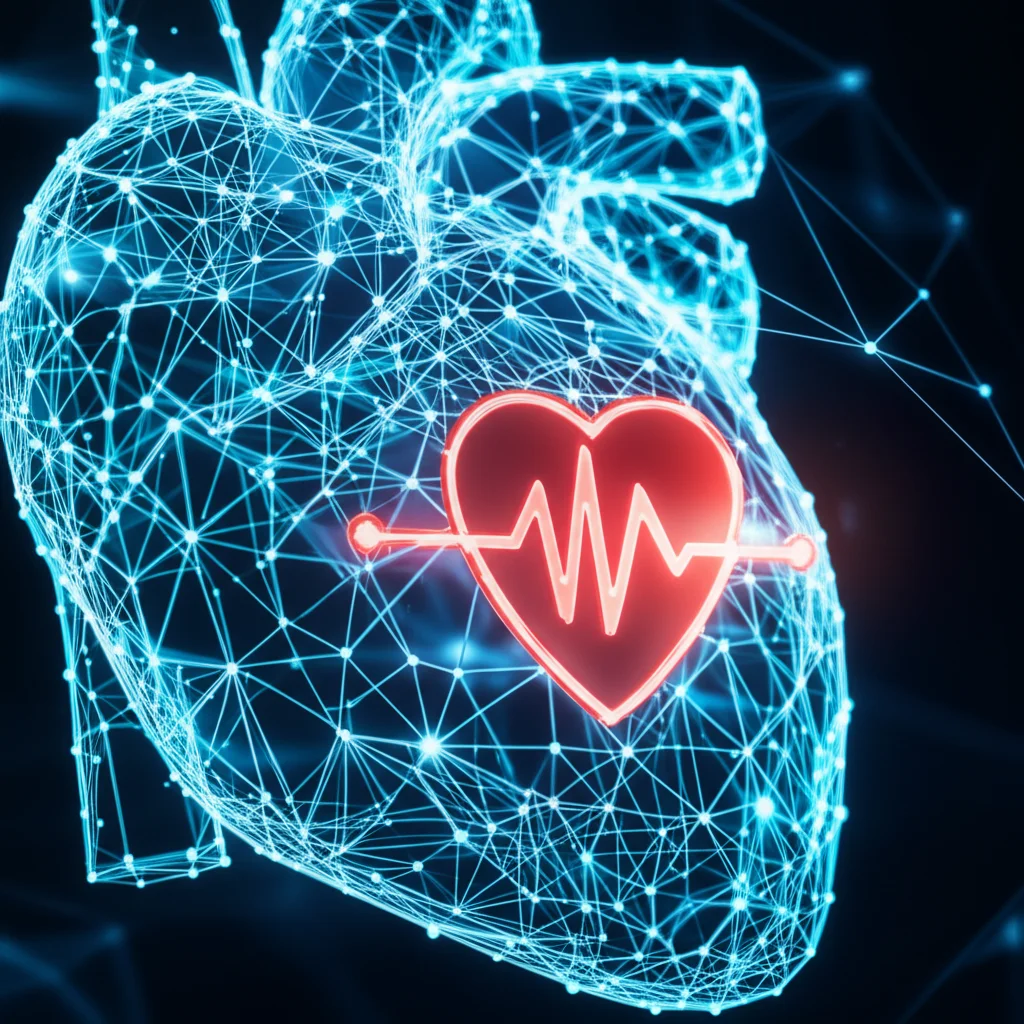 Visualizzazione astratta di una rete neurale complessa che si illumina e si collega a un'icona stilizzata del cuore umano, simboleggiando l'analisi dei dati cardiaci tramite IA. Obiettivo macro 60mm, illuminazione controllata, alto dettaglio.