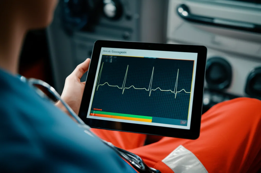 Schermata di un software medico avanzato su un tablet tenuto da un paramedico. Mostra un segnale ECG in tempo reale con artefatti da compressione, e l'IA che evidenzia il ritmo sottostante e suggerisce 'Shock Consigliato'. Obiettivo prime 35mm, profondità di campo, luce ambientale da ambulanza.