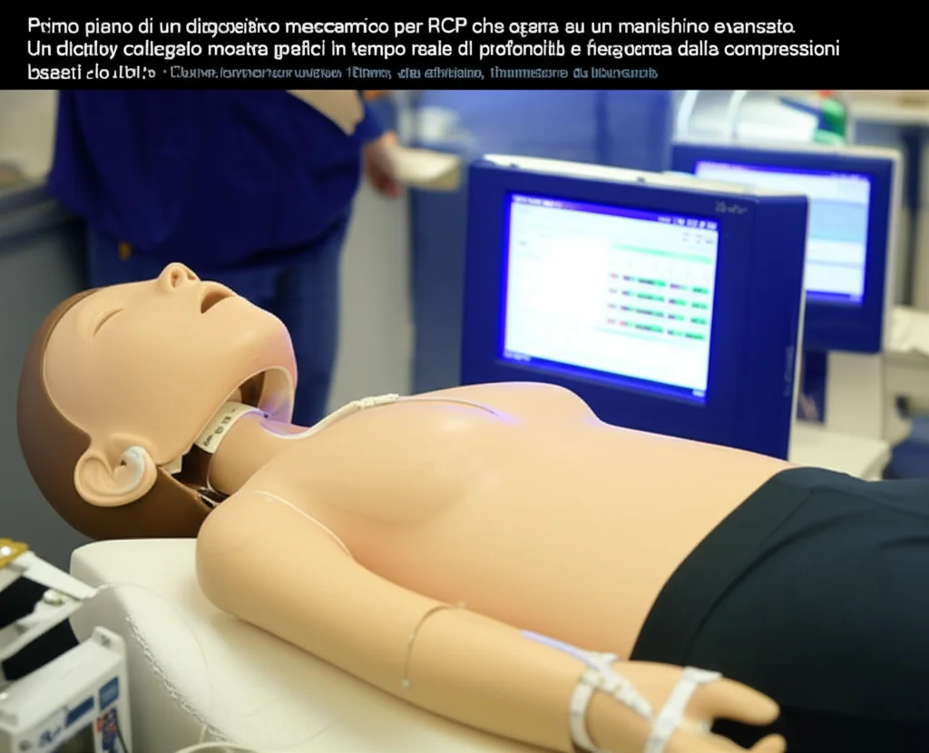 Primo piano di un dispositivo meccanico per RCP che opera su un manichino avanzato. Un display collegato mostra grafici in tempo reale di profondità e frequenza delle compressioni, con indicatori di performance basati su IA. Obiettivo macro 100mm, alta definizione, illuminazione da laboratorio.