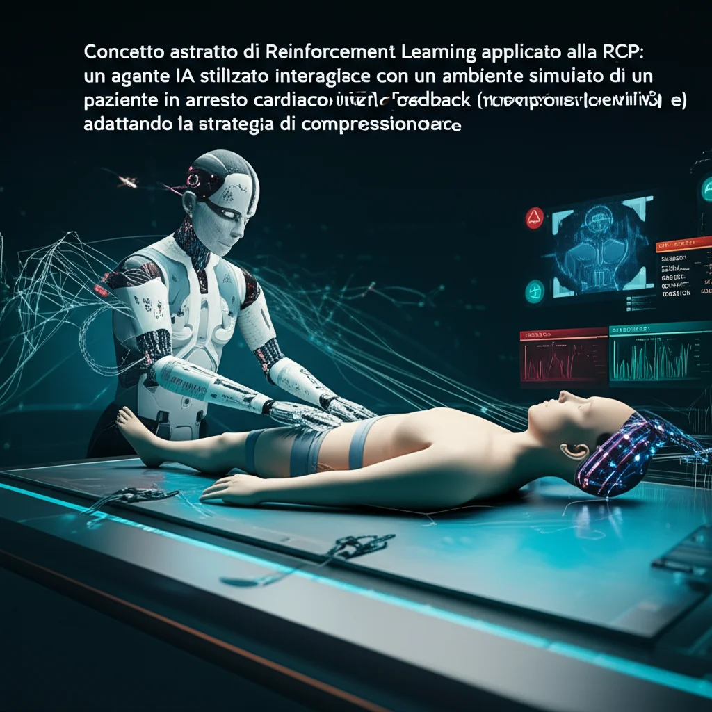 Concetto astratto di Reinforcement Learning applicato alla RCP: un agente IA stilizzato interagisce con un ambiente simulato di un paziente in arresto cardiaco, ricevendo feedback (ricompense/penalità) e adattando la strategia di compressione. Stile grafico futuristico ma fotorealistico, obiettivo 50mm.