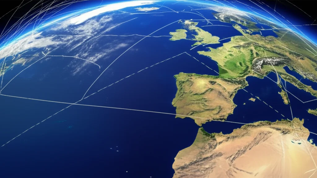 Immagine satellitare della Terra vista dallo spazio, con sovrapposizioni grafiche che indicano diversi strati di dati spettrali e un focus su un'area specifica costiera, wide-angle lens, 15mm, sharp focus, high detail, colori vividi, stile fotorealistico.