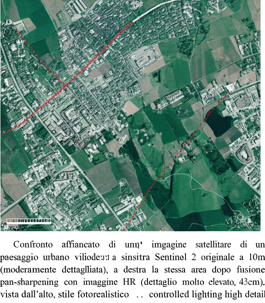 Confronto affiancato di un'immagine satellitare di un paesaggio urbano vicino a un canale: a sinistra l'immagine Sentinel 2 originale a 10m (moderatamente dettagliata), a destra la stessa area dopo fusione pan-sharpening con immagine HR (dettaglio molto elevato, 43cm), vista dall'alto, stile fotorealistico, high detail, controlled lighting.