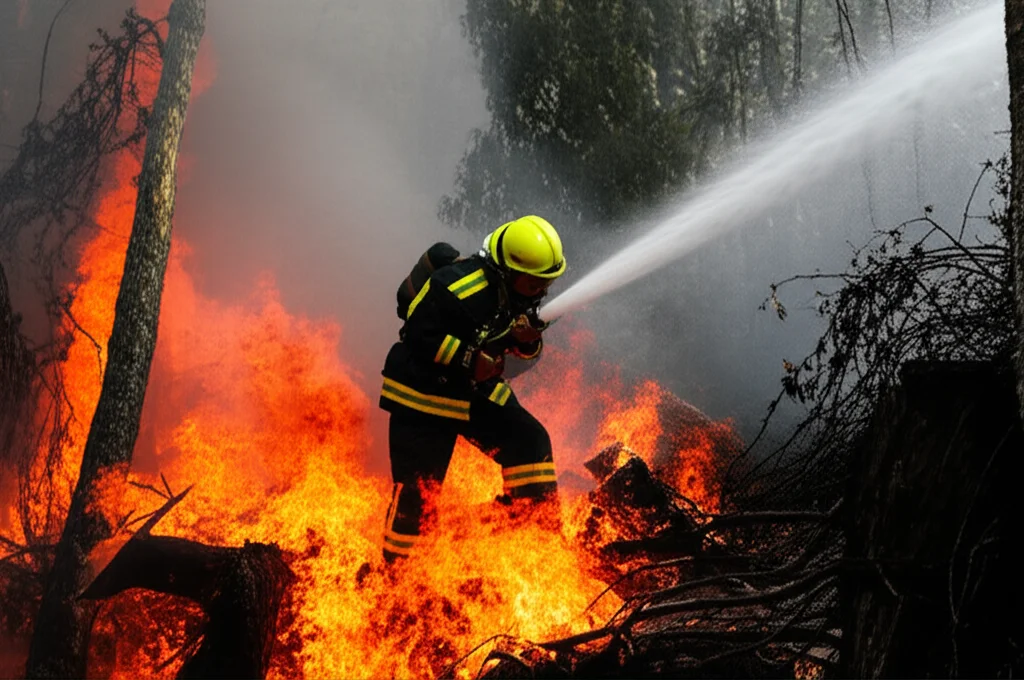 Fotografia sportiva di un vigile del fuoco che combatte un incendio boschivo in una foresta di montagna, teleobiettivo zoom 200mm, velocità dell'otturatore elevata per congelare l'azione e le scintille, tracciamento del movimento sul vigile del fuoco, fumo denso e fiamme sullo sfondo.