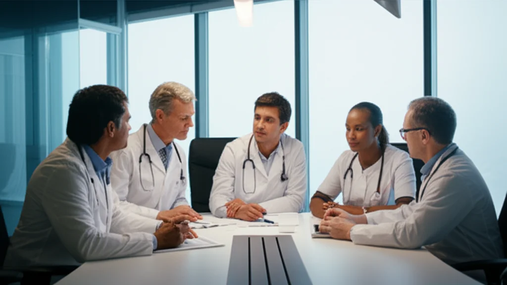 Fotografia di gruppo, team medico multiculturale (inclusi tecnici di radiologia) che discute attorno a un tavolo in una sala riunioni moderna, luce naturale, obiettivo 24mm, atmosfera collaborativa e di supporto.
