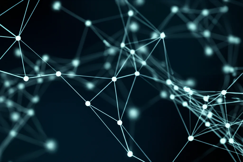 Visualizzazione astratta 3D di una rete neurale complessa con nodi luminosi interconnessi, che simboleggia le connessioni dense e i kernel dinamici di DDNet. Macro lens, 100mm, high detail, precise focusing, controlled lighting, sfondo scuro.