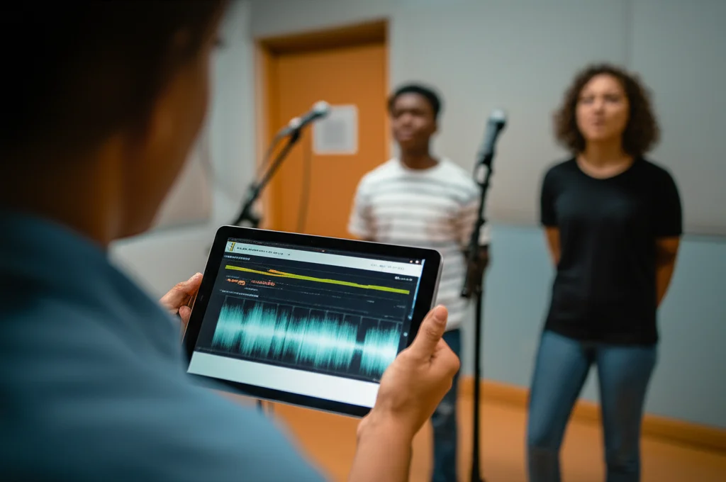 Un insegnante di canto che utilizza un tablet che mostra l'analisi vocale AI (onde sonore e punteggi) mentre ascolta uno studente cantare in una sala prove luminosa. Prime lens, 35mm, depth of field, luce naturale.