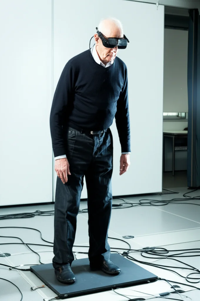 Un anziano concentrato in piedi su una pedana stabilometrica in un laboratorio di ricerca, indossa occhiali stroboscopici neri. Illuminazione controllata da laboratorio, focus preciso sull'anziano e sulla pedana. Obiettivo macro 85mm, alta definizione.