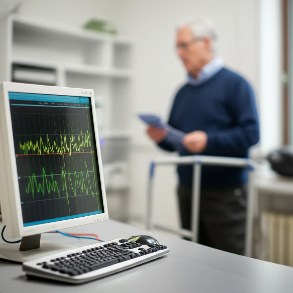 Primo piano di un elettroencefalogramma (EEG) che mostra onde theta, alpha e beta su uno schermo di computer in un laboratorio. Sullo sfondo, sfocato, un anziano su una pedana. Illuminazione da laboratorio, obiettivo macro 60mm, alta definizione dei tracciati EEG.