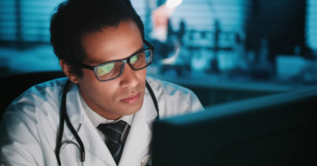 Ritratto fotografico di un ricercatore mediorientale concentrato che osserva una complessa visualizzazione di dati genomici su uno schermo di computer in un laboratorio moderno, stile film noir, obiettivo 35mm, profondità di campo accentuata.