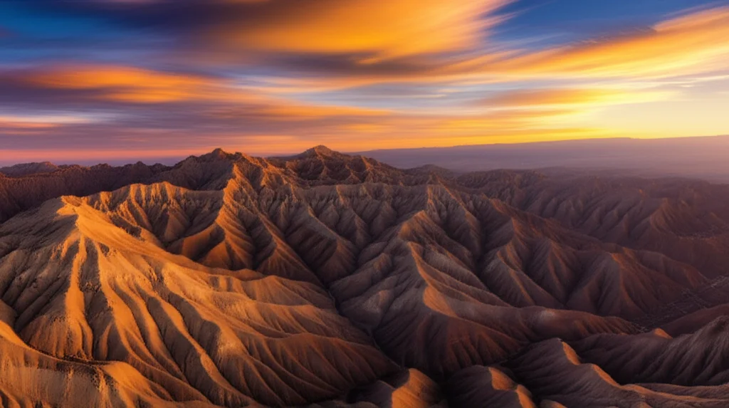 Paesaggio grandangolare di una catena montuosa al tramonto nel Medio Oriente, con colori caldi e terrosi, che simboleggia l'ampia diversità geografica e genetica della regione, obiettivo grandangolare 15mm, lunga esposizione per nuvole soffici.