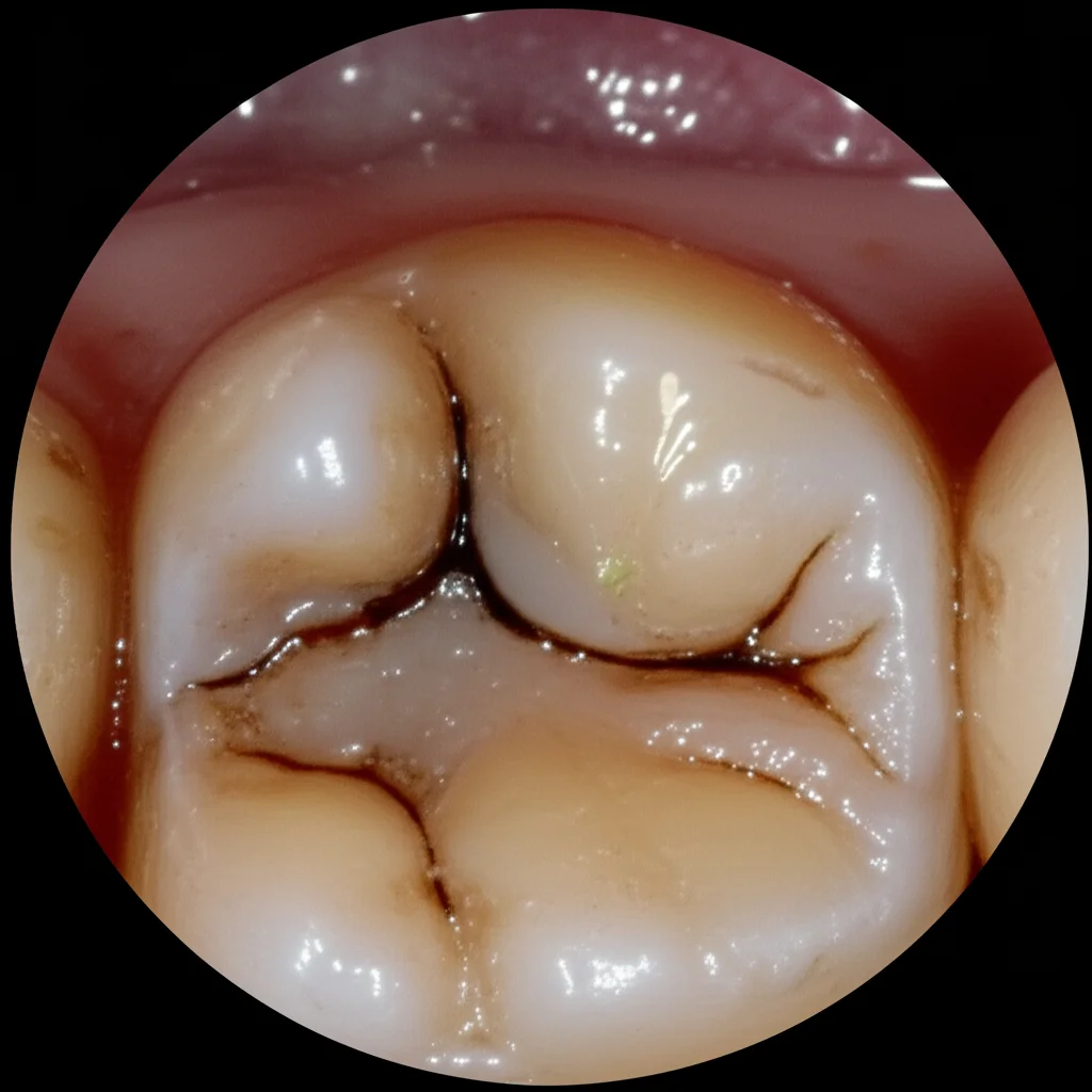Lenti macro, 90 mm, primo piano che mostra una lieve recessione gengivale attorno a un dente molare, illustrando compromesso parodontale, illuminazione controllata, dettagli elevati sulla superficie del dente e trama gengivale.