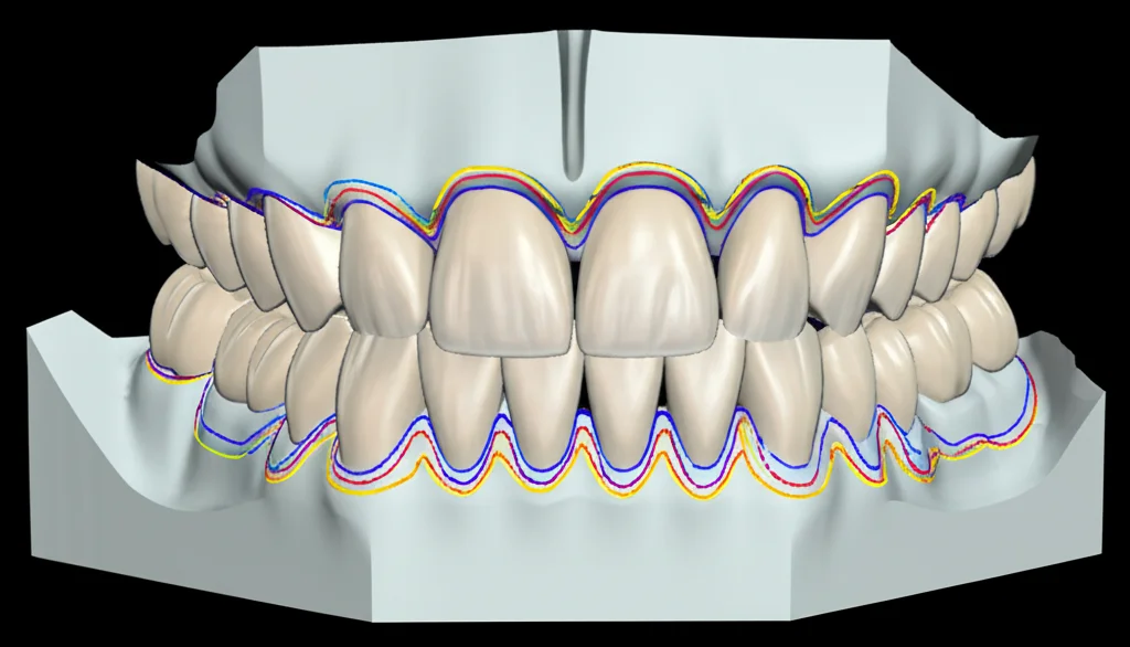 Schermo del computer che visualizza un modello di elementi finiti 3D di denti e mascella, evidenziando la distribuzione dello stress (aree colorate) su un molare durante la distanza, simulando le forze ortodontiche con allineatori chiari.