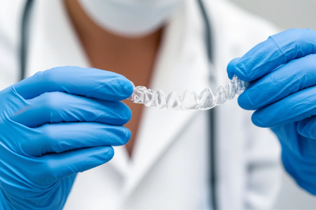 Fotografia di ritratti ravvicinati, obiettivo da 35 mm, ortodontista che esamina attentamente un chiaro allineatore trattenuto tra dita guantate, profondità di campo incentrata sull'allineatore, suggerendo la pianificazione personalizzata del trattamento e l'attenzione ai dettagli.