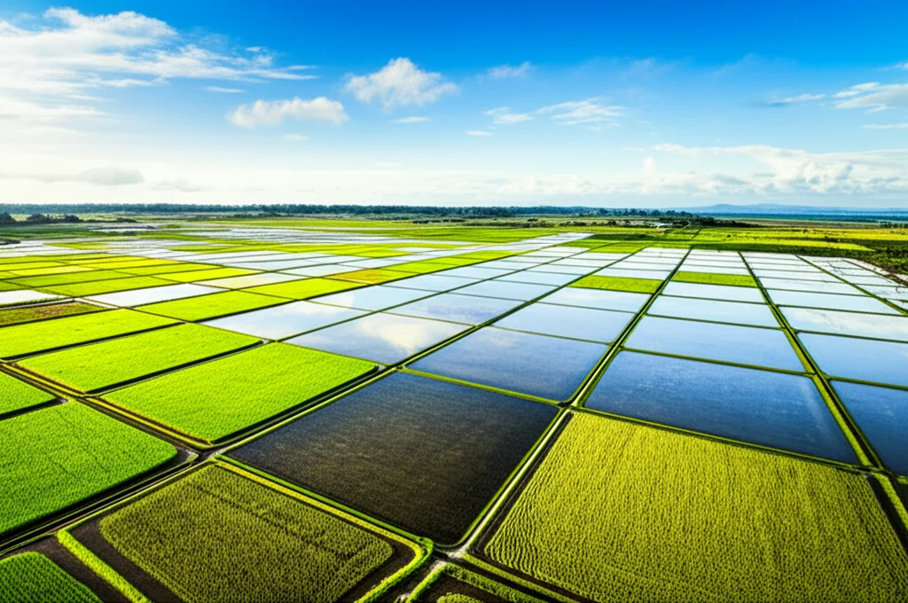 Veduta panoramica di una risaia sperimentale a Taiwan con diverse parcelle quadrate, ognuna contenente una varietà di riso leggermente diversa per colore e altezza. Cielo azzurro con qualche nuvola, obiettivo grandangolare 18mm, lunga esposizione per rendere l'acqua liscia tra le piante, messa a fuoco nitida su tutto il campo.