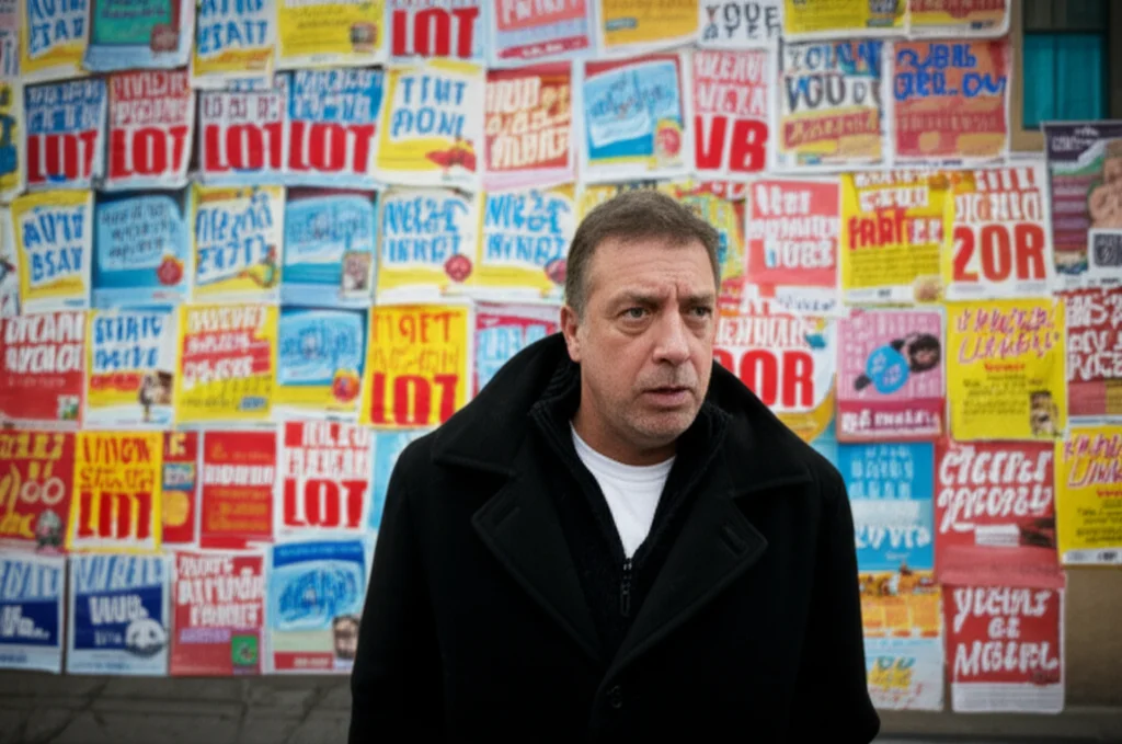 Fotografia realistica di un elettore pensieroso, di mezza età, davanti a una parete coperta da una miriade di manifesti elettorali colorati ma simili tra loro, creando un effetto quasi caotico. L'espressione è di leggera confusione e sopraffazione. Obiettivo prime 35mm, profondità di campo che mette a fuoco l'elettore e sfoca leggermente i manifesti sullo sfondo, luce naturale da una finestra laterale.