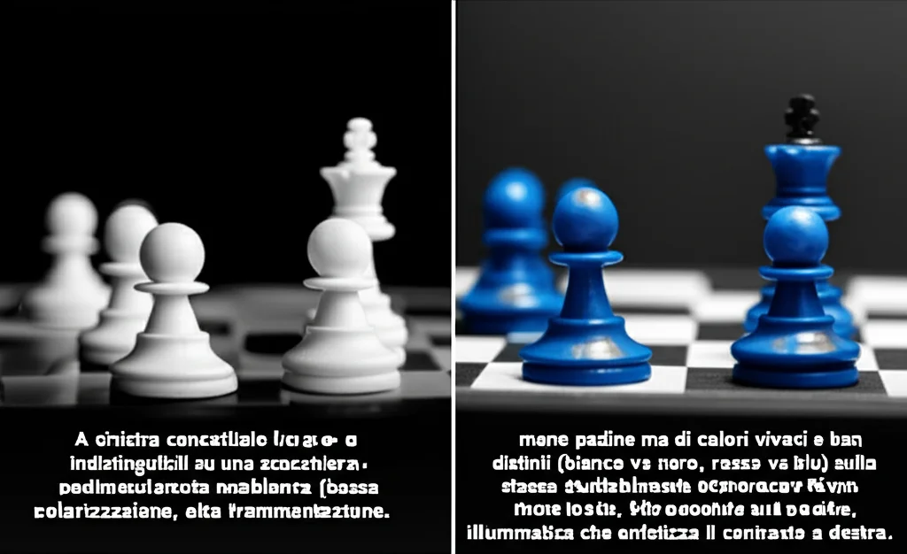 Immagine concettuale divisa a metà. A sinistra, tante piccole pedine grigie e indistinguibili su una scacchiera (bassa polarizzazione, alta frammentazione). A destra, meno pedine ma di colori vivaci e ben distinti (bianco vs nero, rosso vs blu) sulla stessa scacchiera (alta polarizzazione). Lente macro 90mm, focus selettivo sulle pedine, illuminazione drammatica che enfatizza il contrasto a destra.