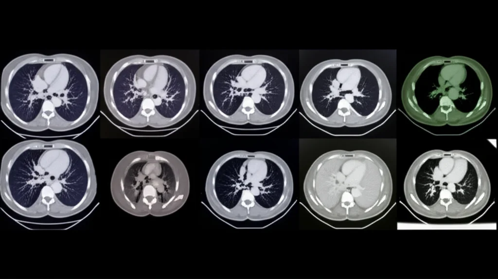 Visualizzazione astratta del processo di Differential Augmentation applicato a un set di immagini mediche TAC. Si vedono miniature della stessa immagine con leggere variazioni di colore, luminosità e contrasto. Stile fotorealistico, obiettivo macro 80mm, focus preciso sui dettagli delle variazioni, sfondo neutro.