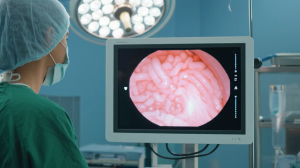 Fotografia di un medico che esegue una colonscopia in una sala operatoria moderna. Focus sullo schermo che mostra l'interno del colon, illuminazione clinica, dettagli nitidi, lente zoom 70-200mm.