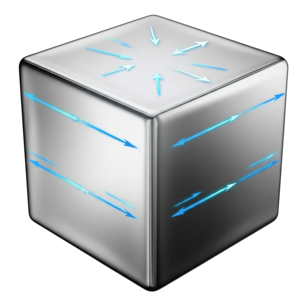 Visualizzazione 3D di un oggetto metallico lucido a forma di cubo con un sottile strato isolante traslucido che ne segue la forma, con frecce blu stilizzate che indicano lo scambio di calore per convezione con l'ambiente circostante più freddo. Macro lens, 85mm, high detail, precise focusing, controlled lighting soffusa.